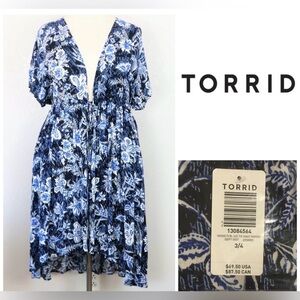 🆕TORRID - 3/4X - NWT - FLORAL BLUE WHITE MAXI HI-LO KIMONO CARDIGAN / KAFTAN